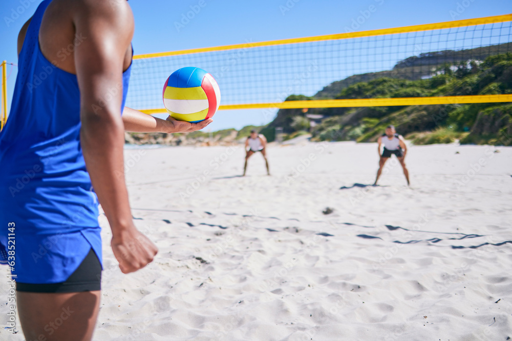 Beach volleyball, sports and person serve ball, play competition and match training for fitness chal