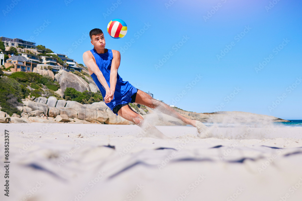 Beach volleyball, sports and man diving for ball, outdoor game or nature training for athletic chall