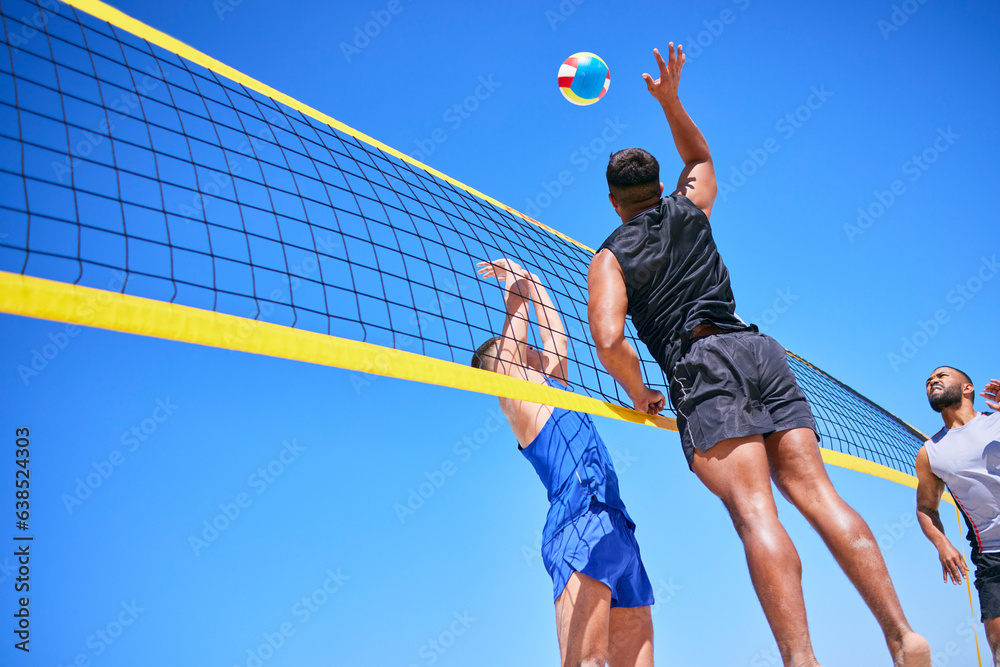 Beach volleyball match, blue sky and sports team jump, playing competition and practice for tourname