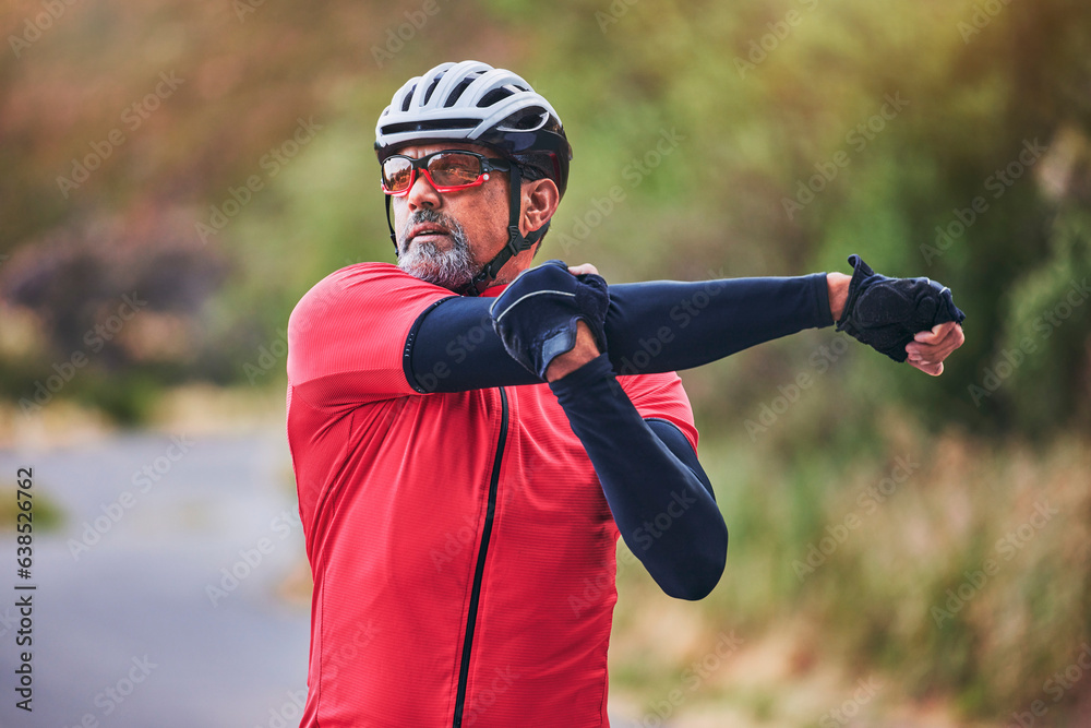 Man, cyclist and stretching arms on mountain in sports fitness, workout or outdoor exercise in natur