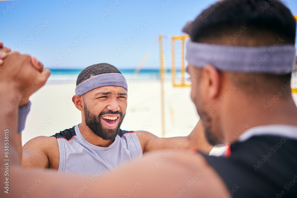 Happy man, volleyball and celebration on beach in winning, victory or match point in fitness, exerci