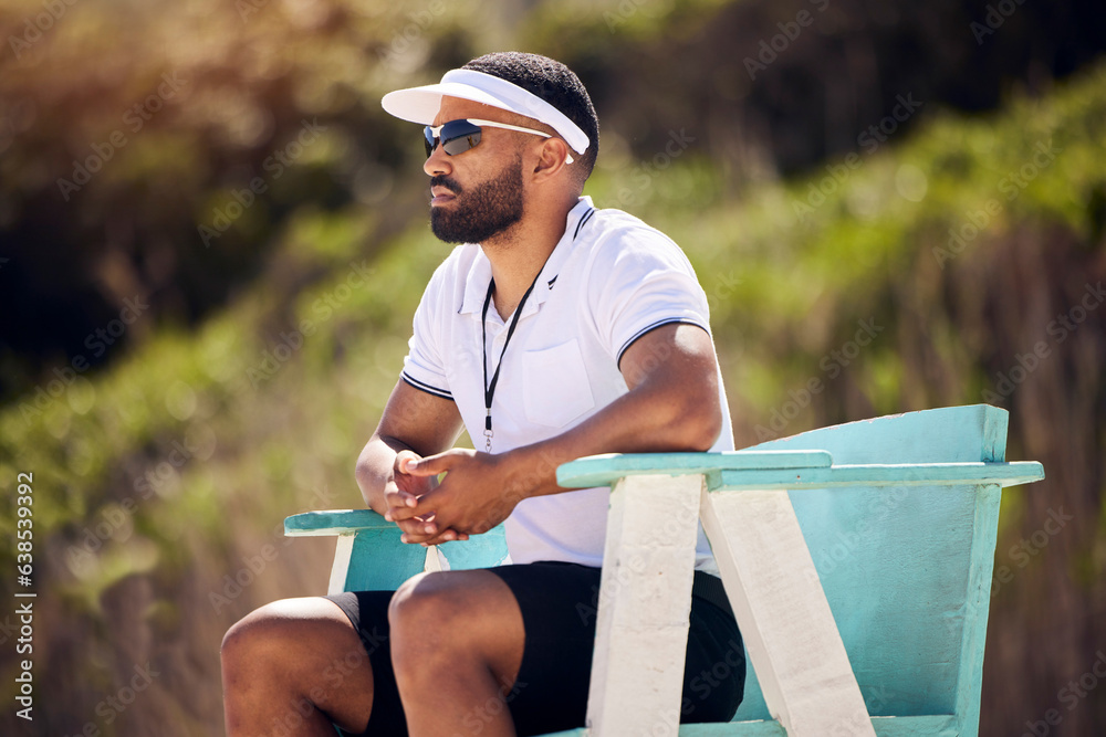 Summer, sports and a volleyball referee in a chair on the beach for authority, rules or regulations 