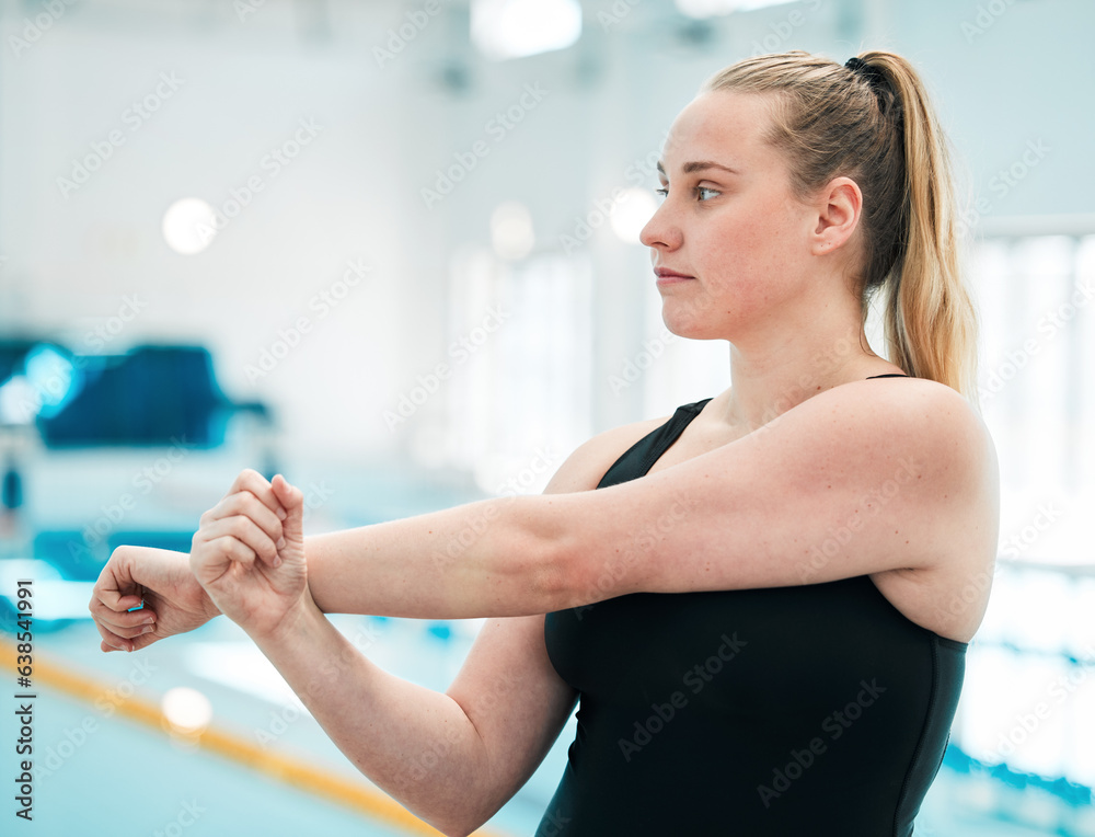 Swimmer, exercise and woman stretching, workout and wellness for competition, fitness and active lif