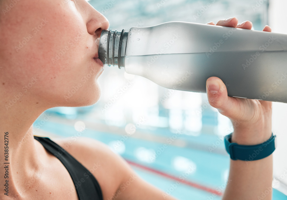 Swimmer, bottle or woman drinking water to relax on break after exercise, workout or fitness trainin