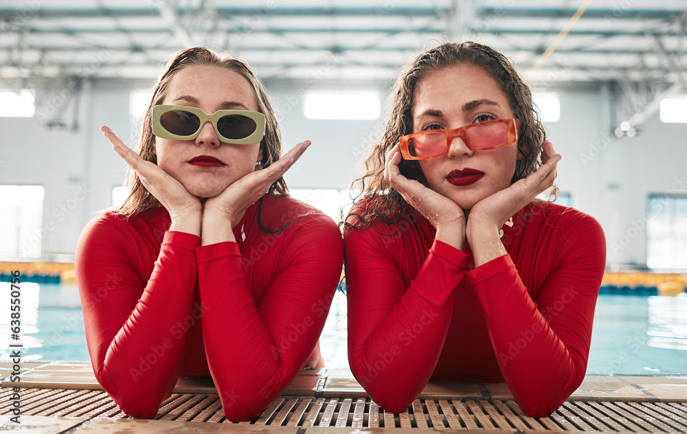 Women, sunglasses portrait and fashion at a pool with gen z, hipster and style of girl friends with 