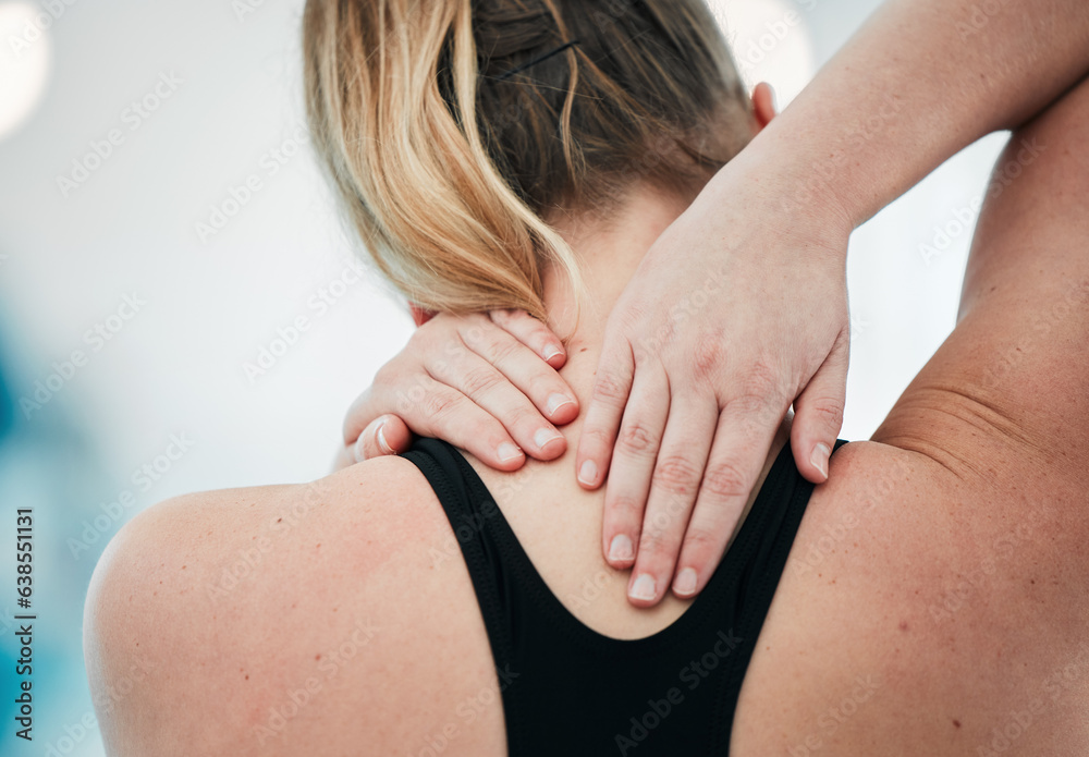 Sports injury, neck pain and closeup with woman at swimming pool for fitness, training and health. F