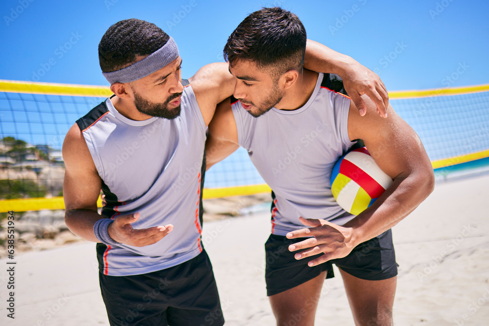 Beach, volleyball team and men for strategy, game plan and prepare for competition. Sports, fitness 