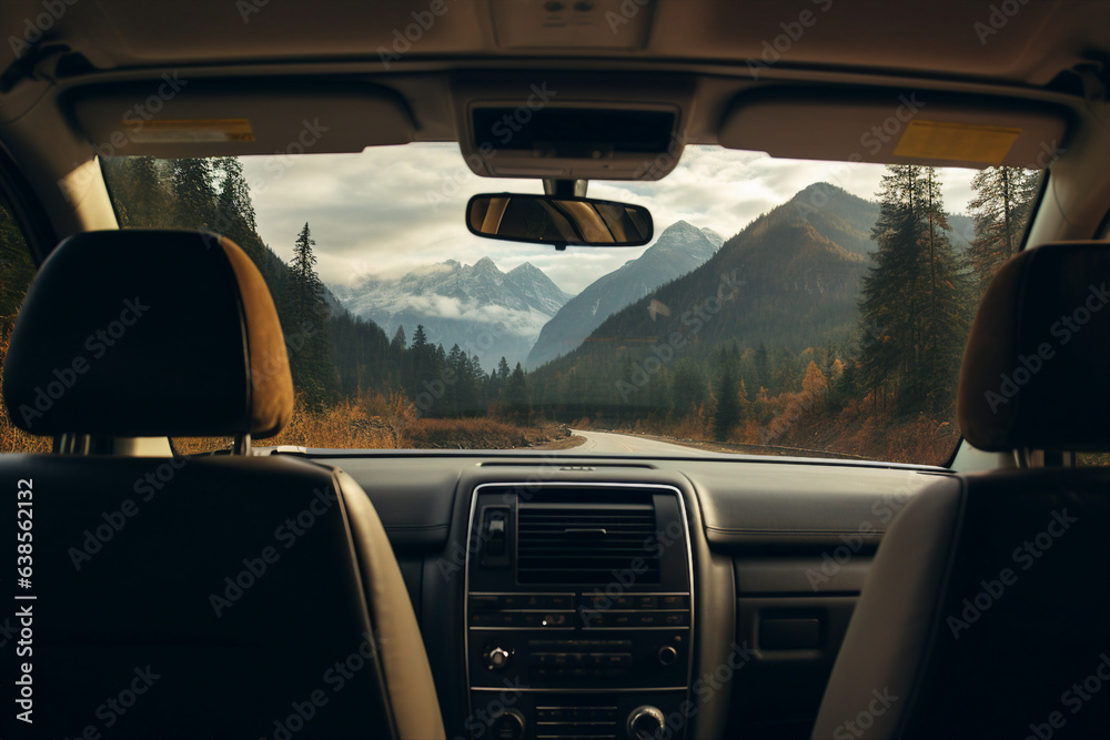 Generative AI picture of a mountain view from the interior of an electric vehicle passenger seat