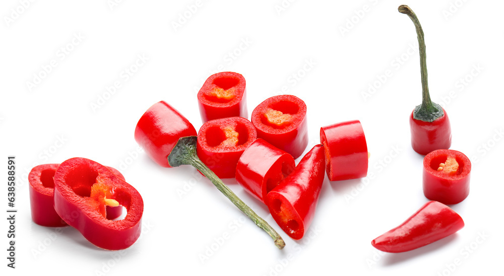 Cut chili peppers on white background