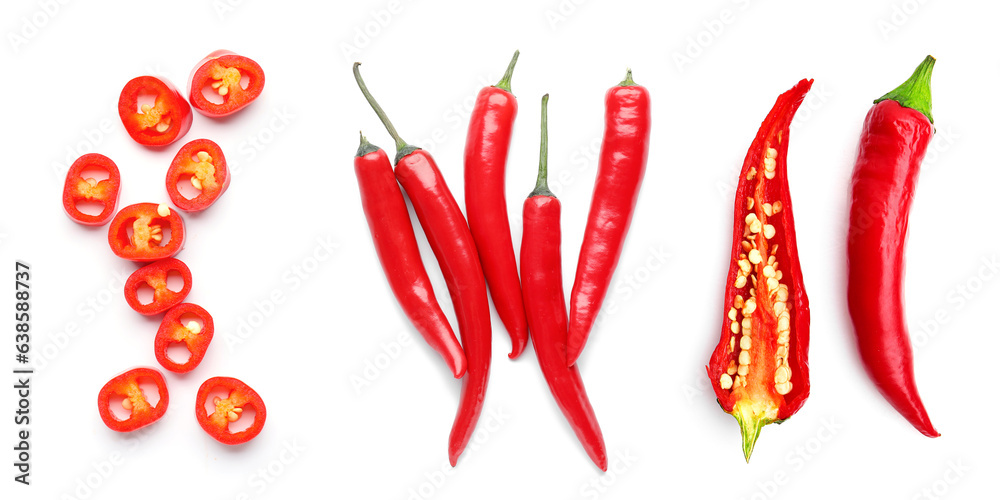 Red chili peppers on white background, top view