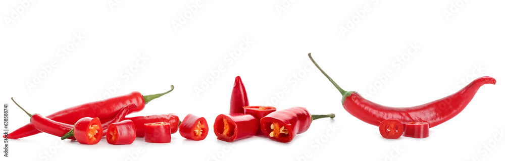 Set of red chili peppers on white background