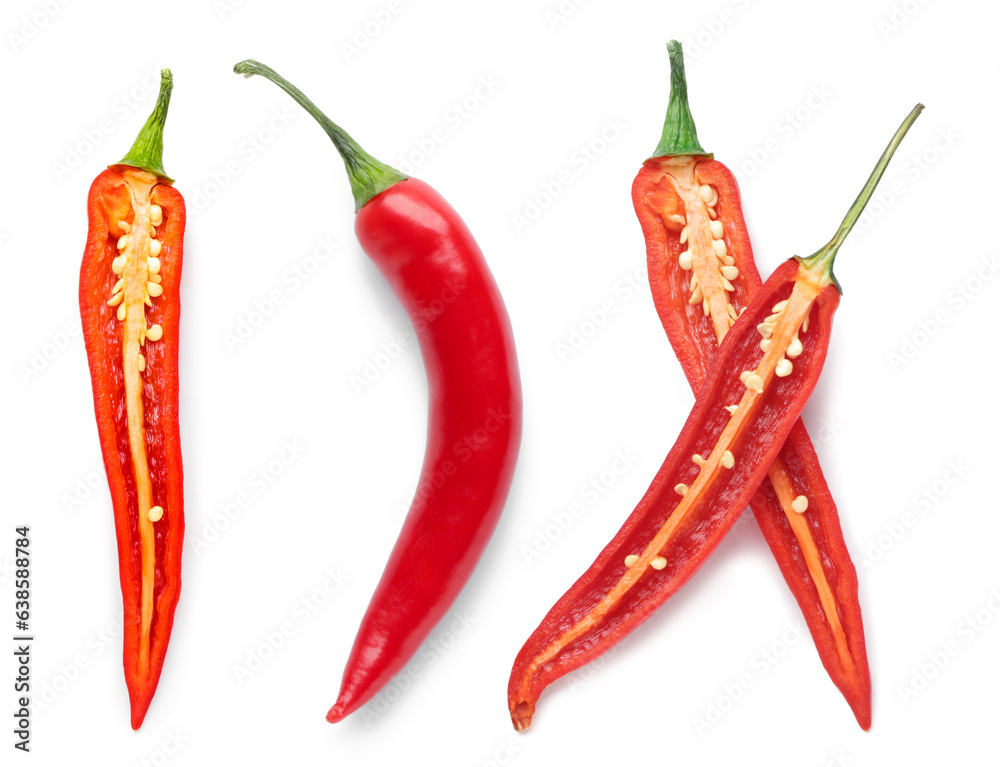 Red chili peppers on white background, top view