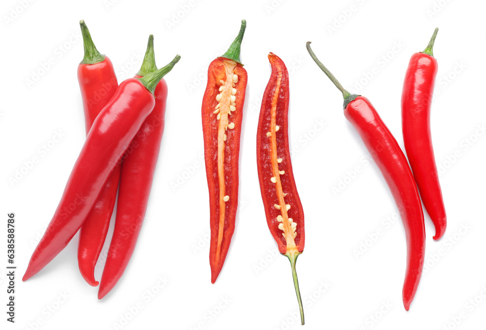 Set of chili peppers on white background, top view