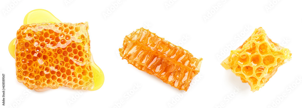 Set of sweet honeycombs on white background, top view