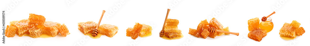 Set of sweet honeycombs isolated on white