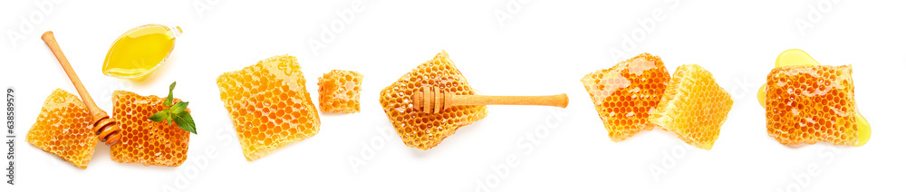 Set of sweet honeycombs isolated on white, top view