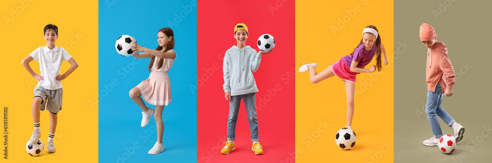 Set of children with soccer balls on colorful background