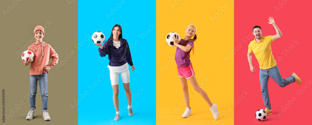 Set of different people with soccer balls on colorful background