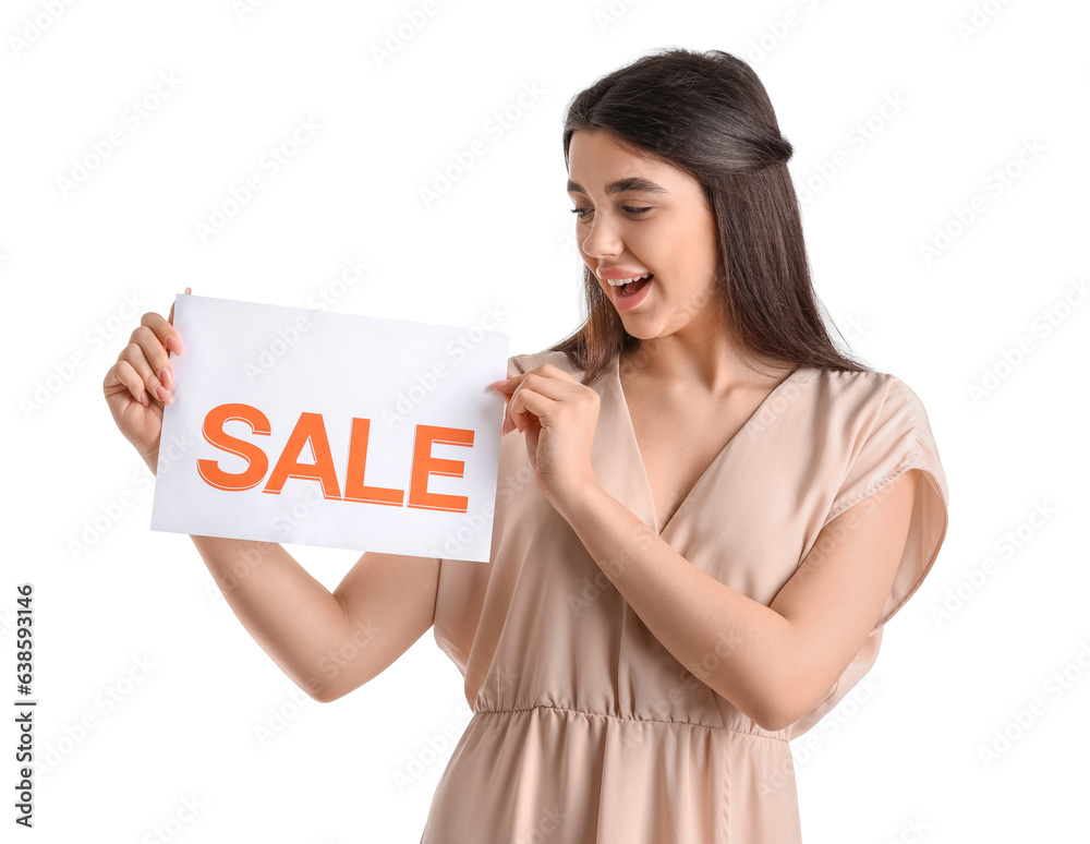 Female seller with sale sign on white background