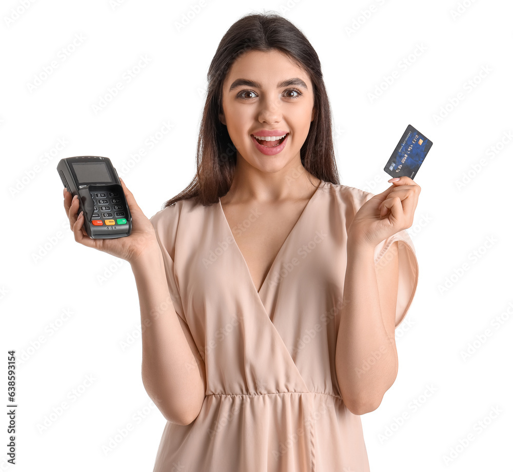 Young woman with payment terminal and credit card on white background