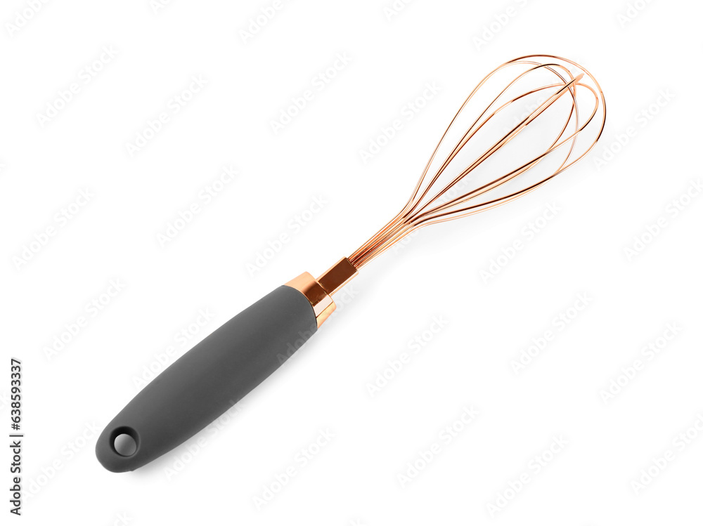 Stainless steel whisk on white background