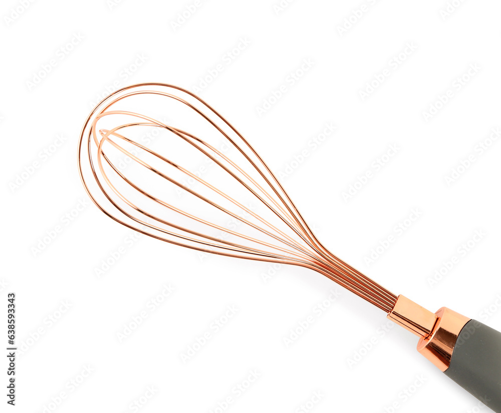 Stainless steel whisk on white background