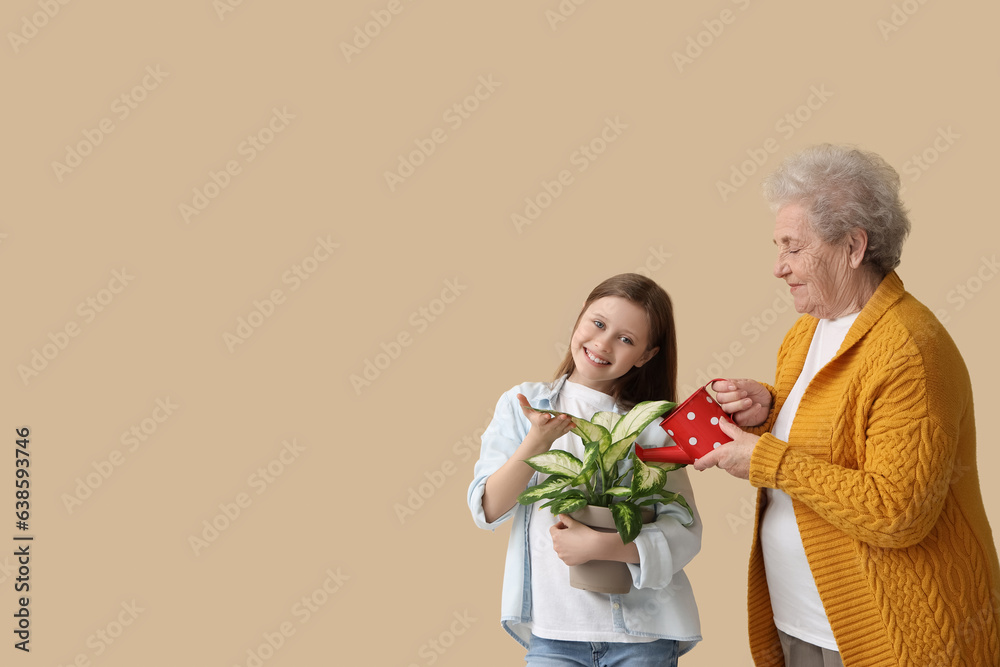 Little girl with her grandmother watering houseplant on beige background