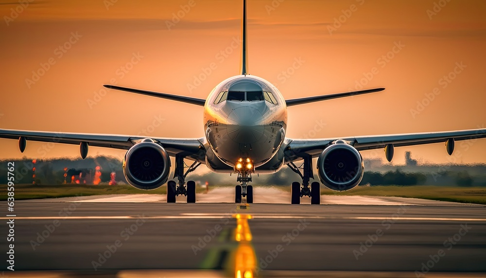 Jet plane on the dark sky background of a taxiway. Front view from eye to eye.