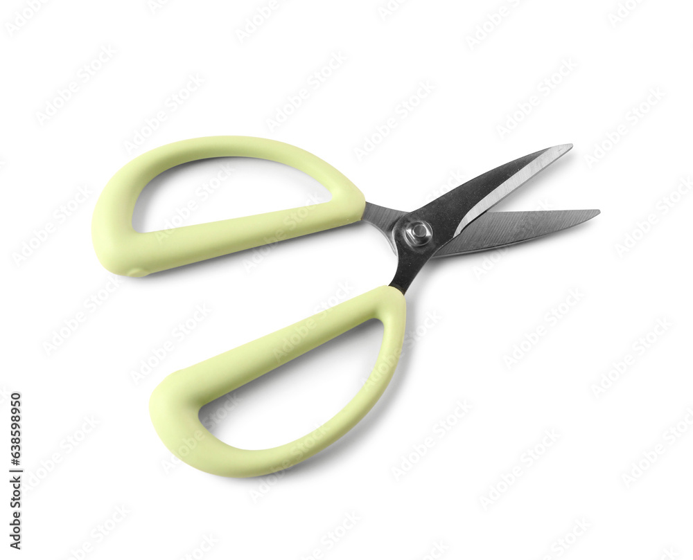 Floral scissors with green handle on white background