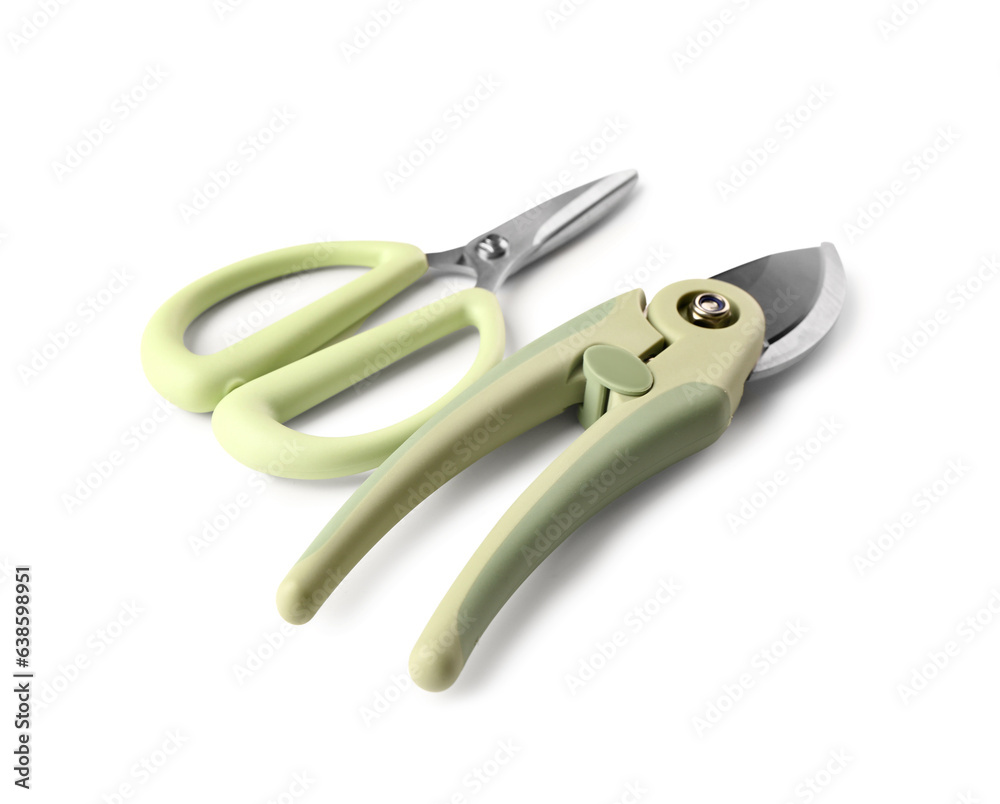 Floral scissors and secateurs with green handle on white background