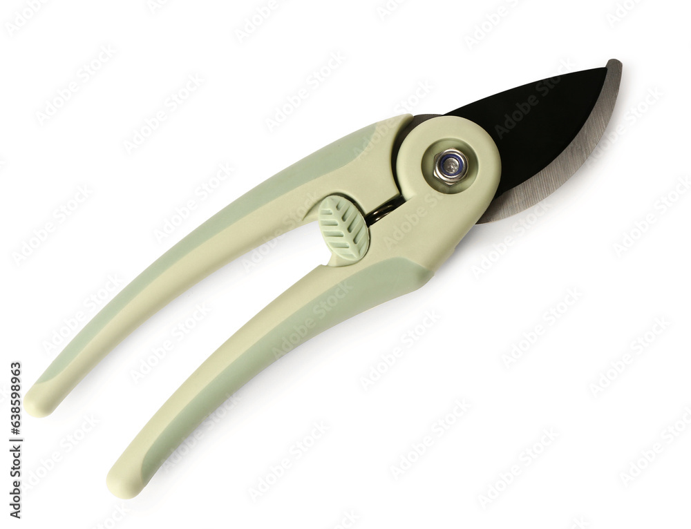 Metal secateurs with green handle on white background