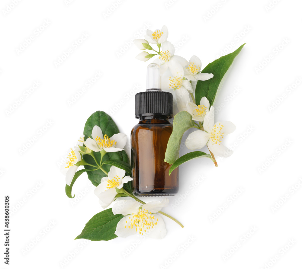 Bottle of essential oil and beautiful jasmine flowers isolated on white background