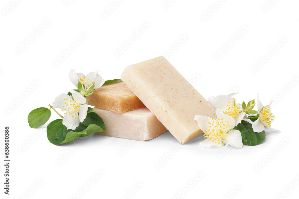 Soap bars with beautiful jasmine flowers on white background