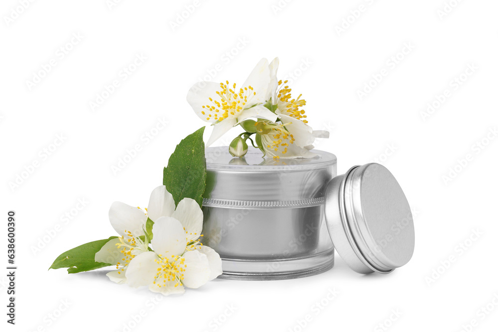 Jars of cosmetic products with beautiful jasmine flowers isolated on white background