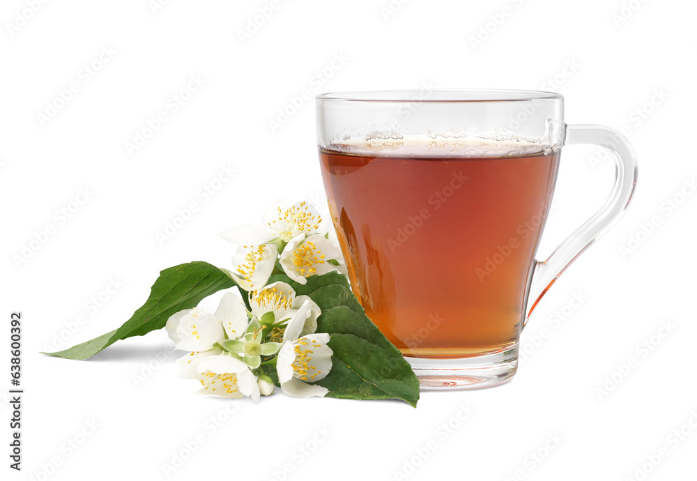 Cup of tasty tea and beautiful jasmine flowers on white background