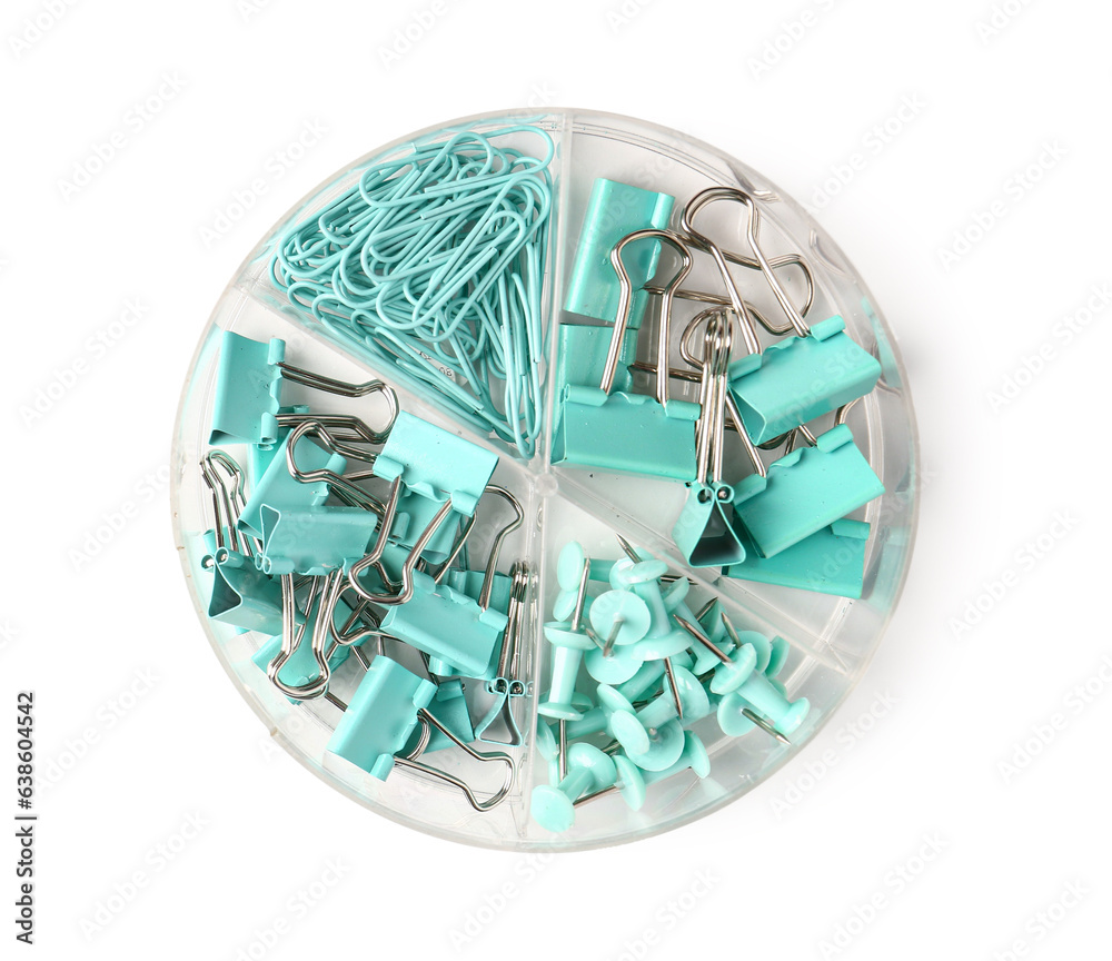 Set of turquoise paper clips, binders and pins on white background