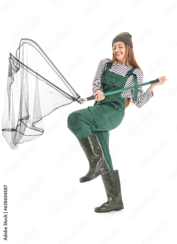 Happy fisherwoman with landing net on white background