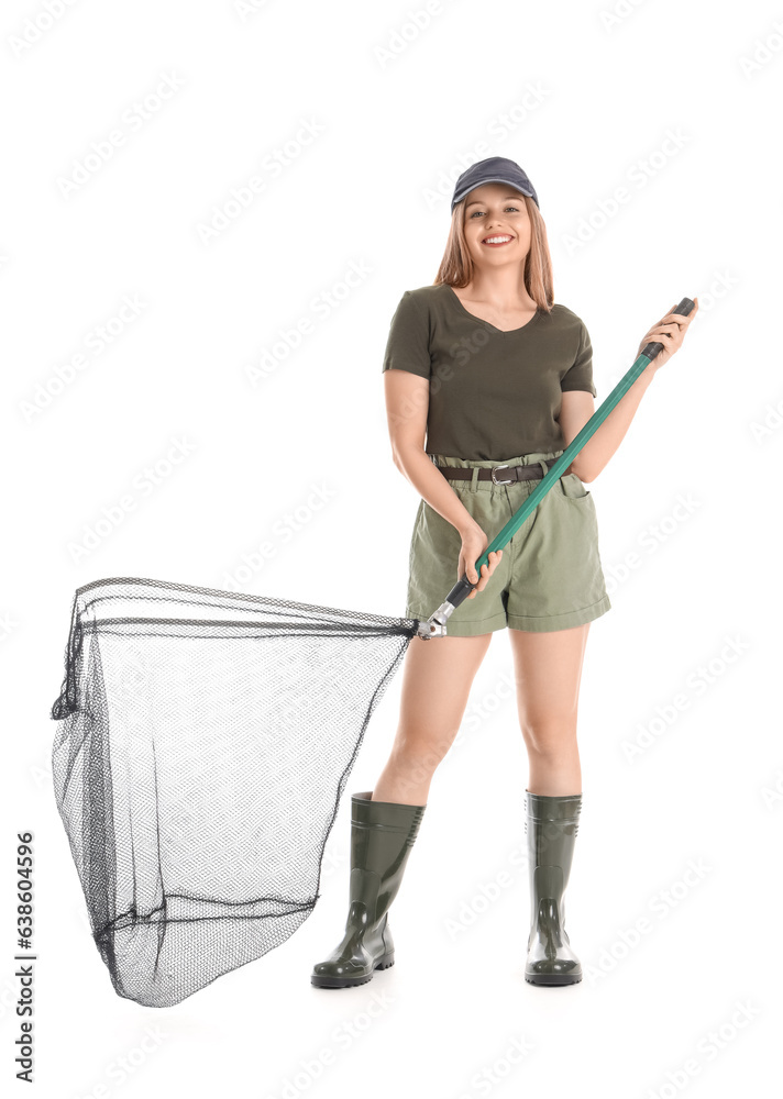 Fisherwoman with landing net on white background