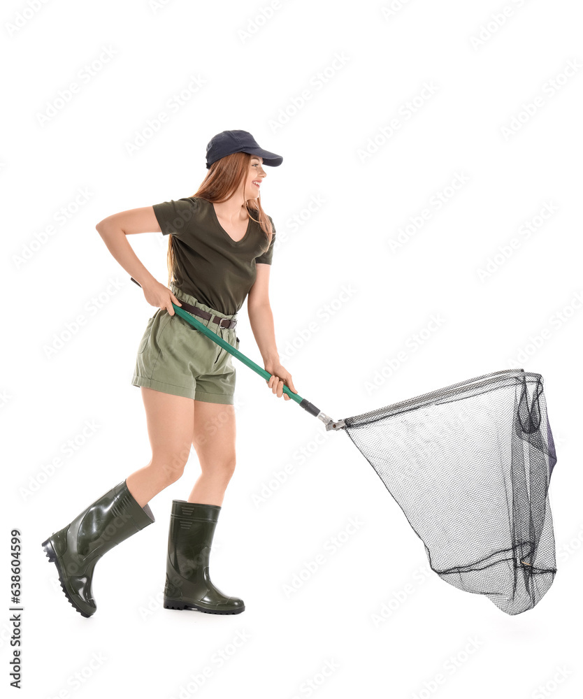 Fisherwoman with landing net on white background