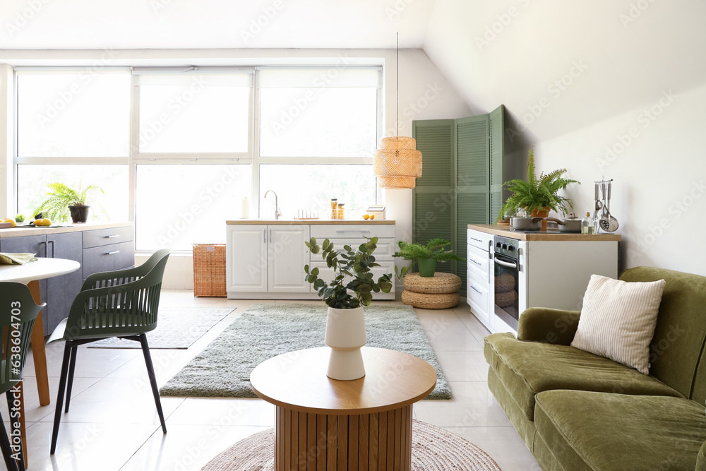 interior of modern open space kitchen with green sofa, coffee table and white counters