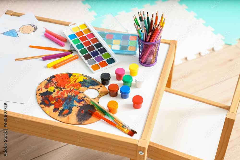 Table with art supplies in childrens room