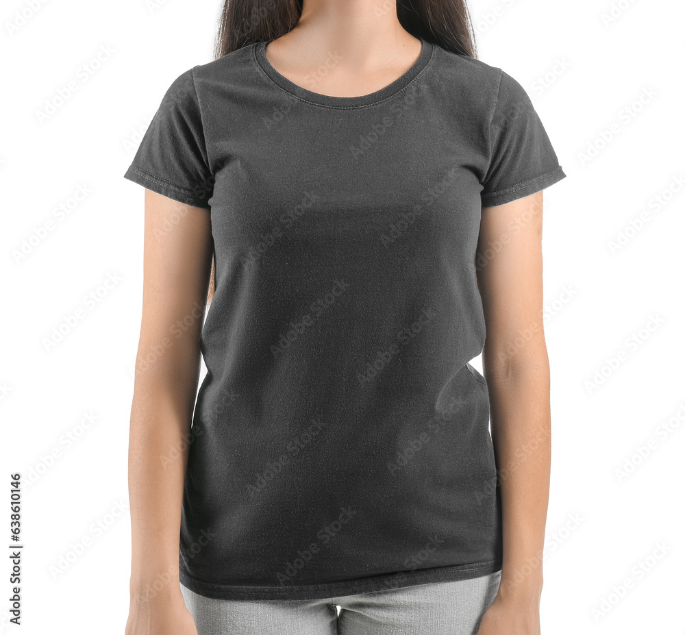 Young woman in black t-shirt on white background