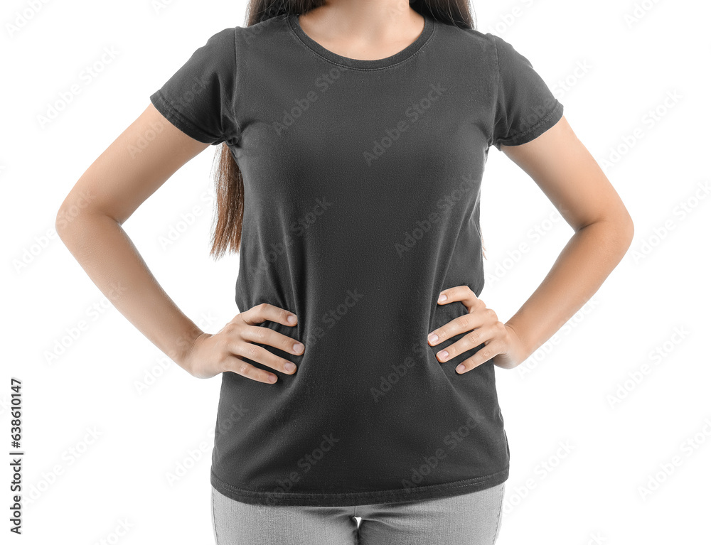 Young woman in black t-shirt on white background