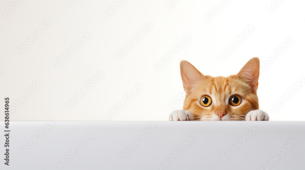 Cute ginger cat peeking from behind a white wall, isolated on white background