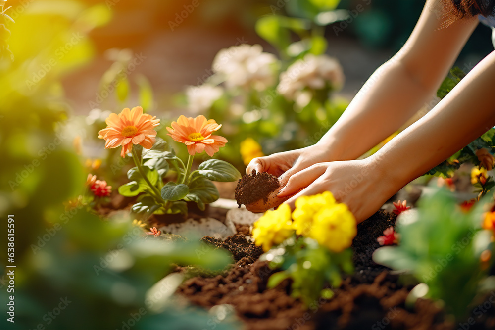 Close up of womans hands planting flowers in the garden. Gardening concept.