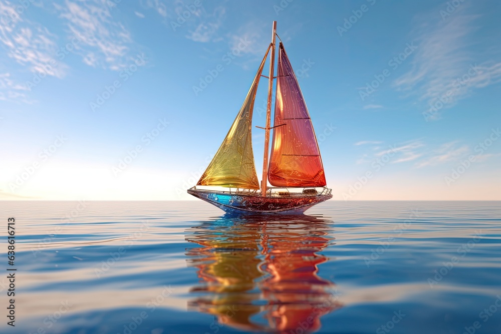 Transparent colorful sailboat toy in sea.