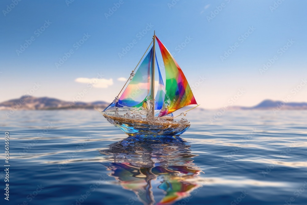 Transparent colorful sailboat toy in sea.