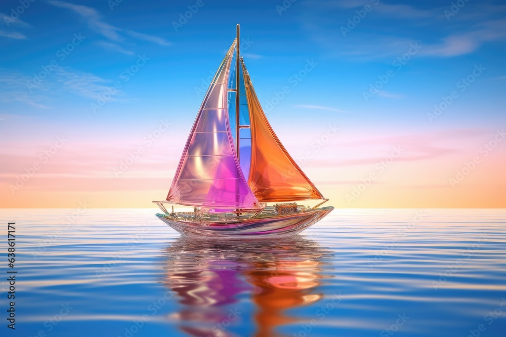 Transparent colorful sailboat toy in sea.