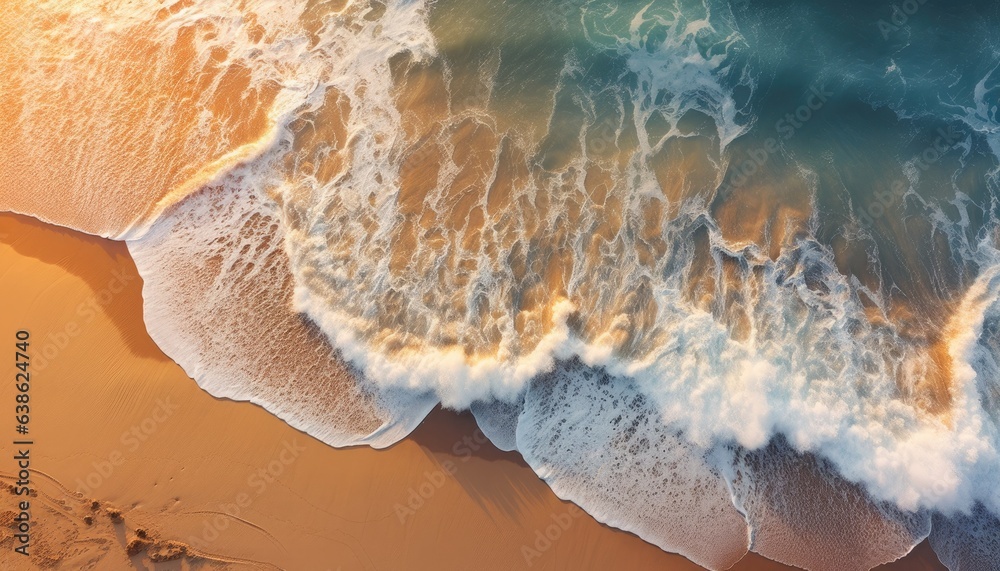 Summer beach, water and sand, top down view.