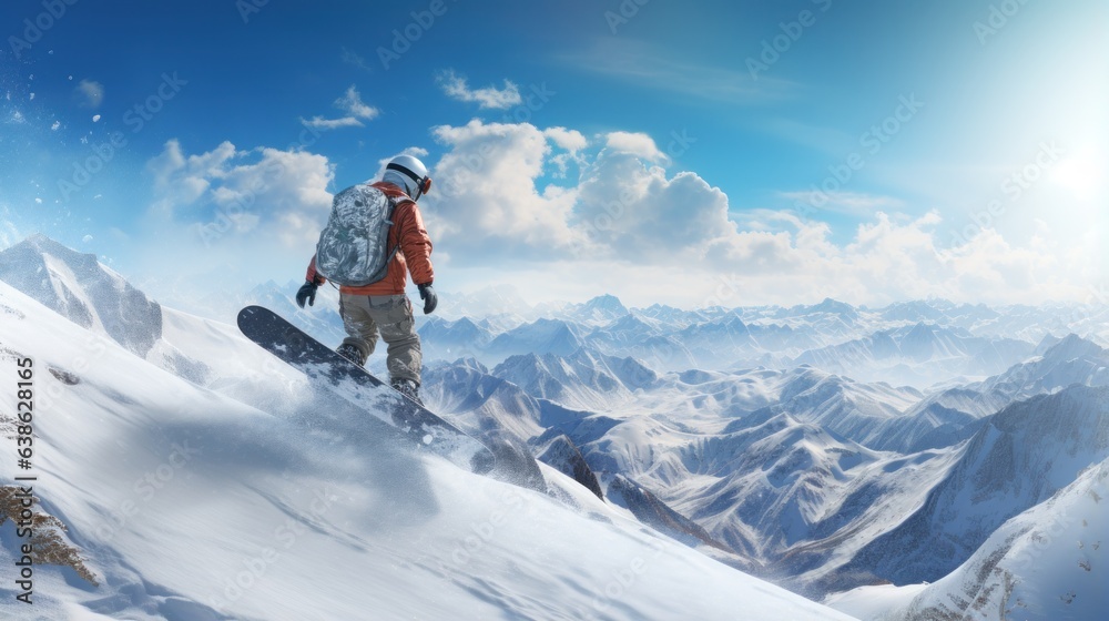 Man in ski goggles rides a snowboard from a snowy mountain